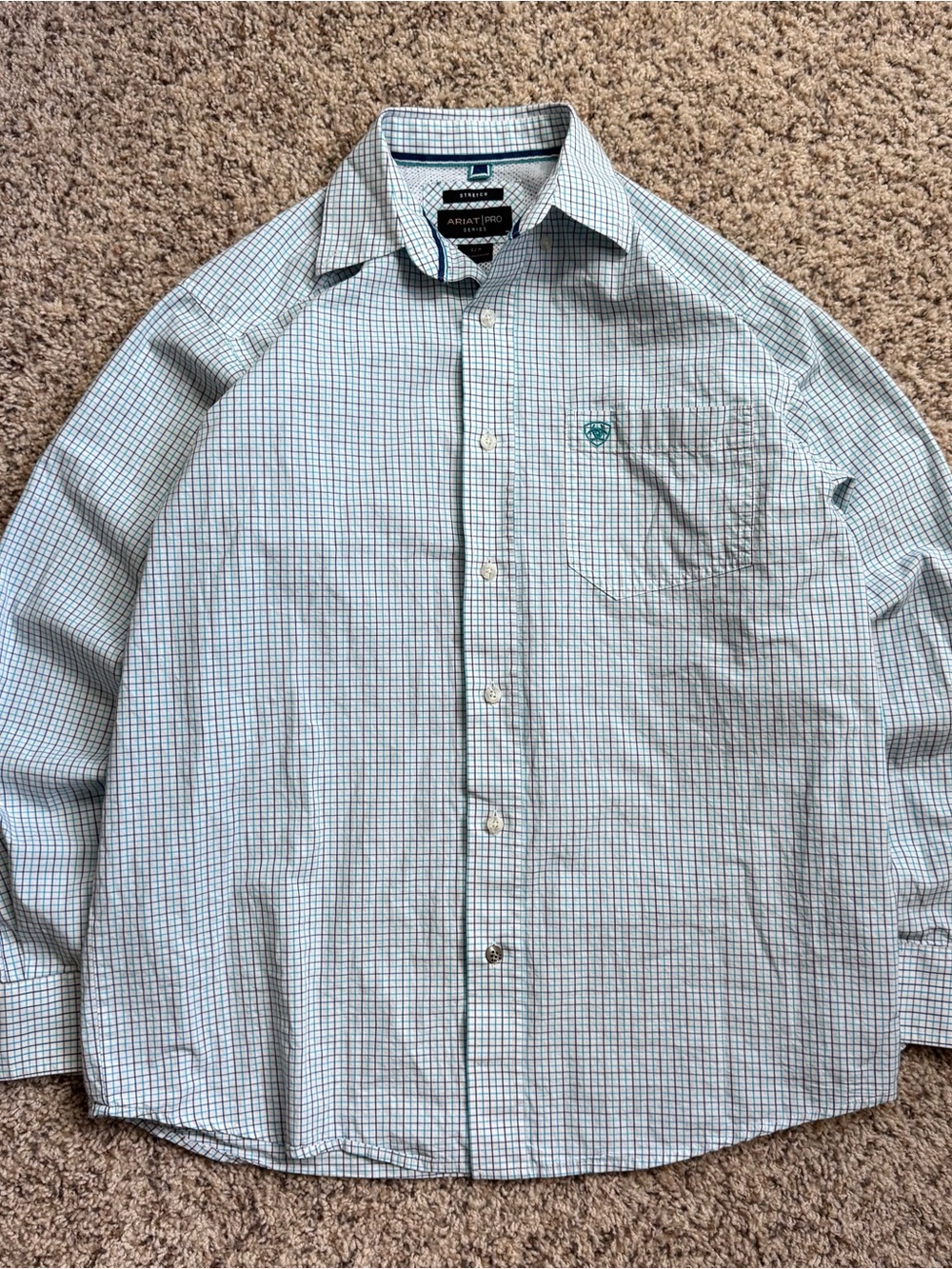 Ariat Pro Series Men’s S White Blue Check Cotton Stretch Long Sleeve Button Up